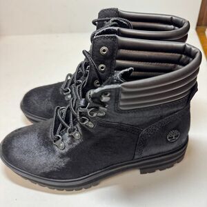Timberland Womens 6.5 M Black Furry Sheepskin Lace Up Boots DISPLAY FF9